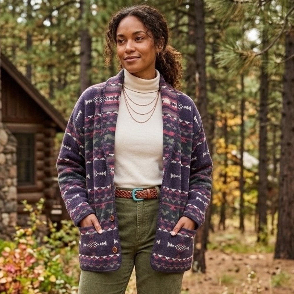 Winona Wool Southwestern Cardigan Knit Sweater M Vintage Shawl Collar Native